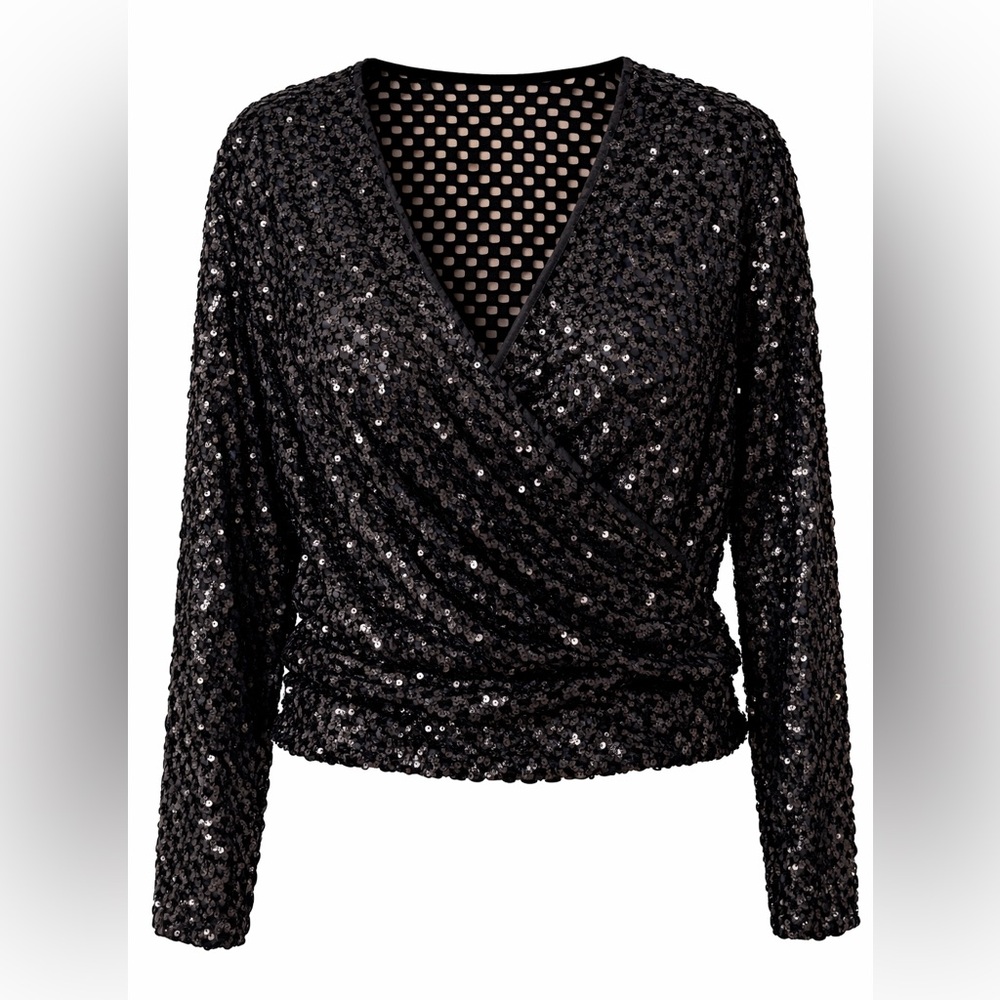 Black Sequin Loose Crochet Wrap-Front Women’s Top
